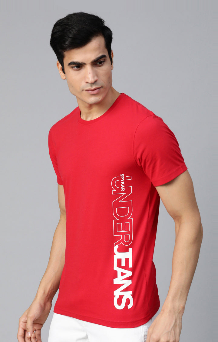 Men Premium Red Cotton Solid Round Neck T-Shirts- UnderJeans by Spykar