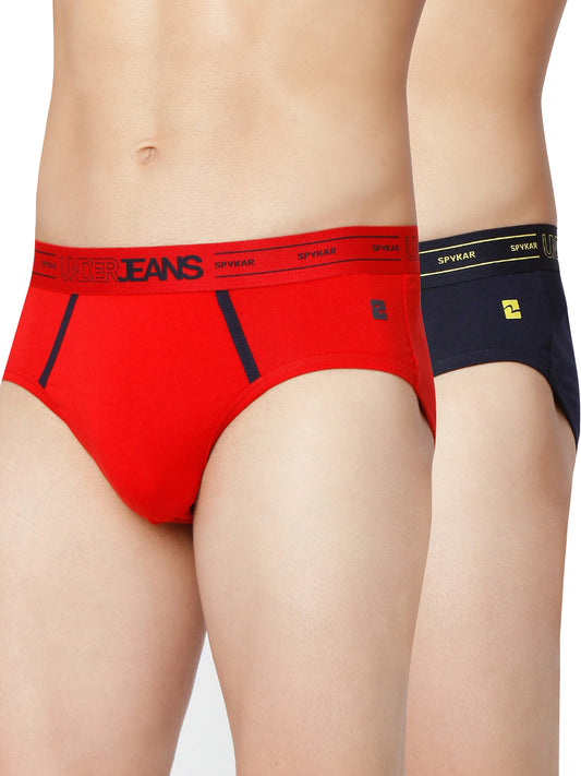 Men Premium Navy & Red Cotton Blend Brief (Pack of 2)- UnderJeans by Spykar