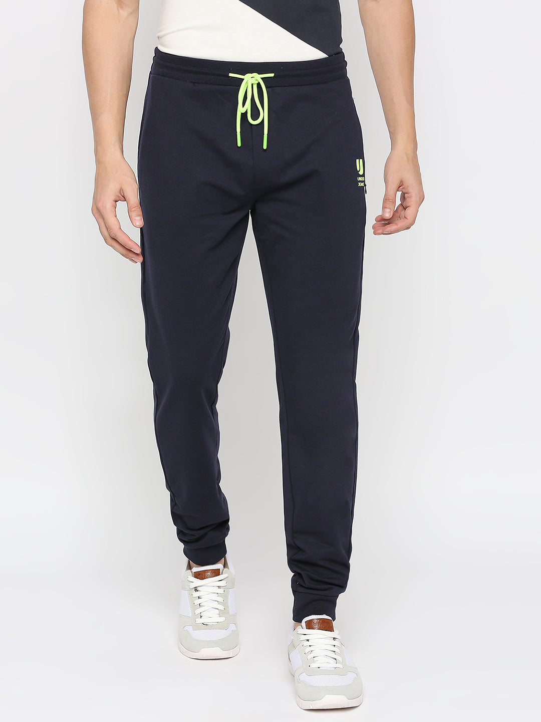 Men Premium Cotton Blend Navy Trackpants - UnderJeans by Spykar