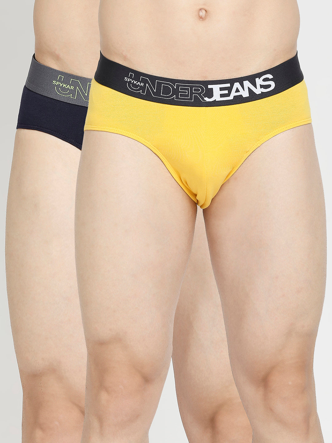 Men Premium Yellow & Navy Blue Cotton Blend Brief - Pack Of 2- UnderJeans by Spykar