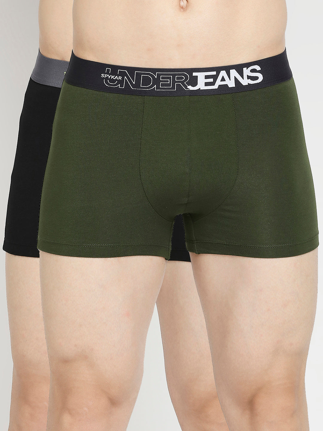 Men Premium Olive & Black Cotton Blend Trunk - Pack Of 2- UnderJeans by Spykar