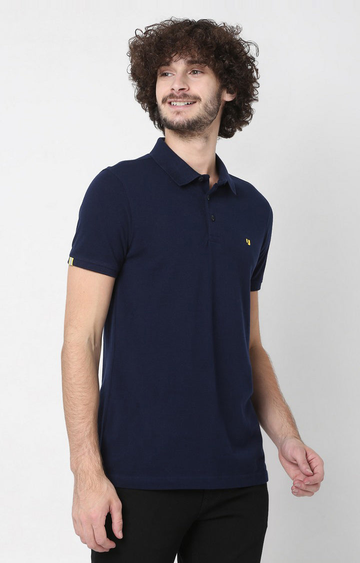 Men Premium Inkblue Cotton Regular Fit Polo T-Shirt - UnderJeans By Spykar