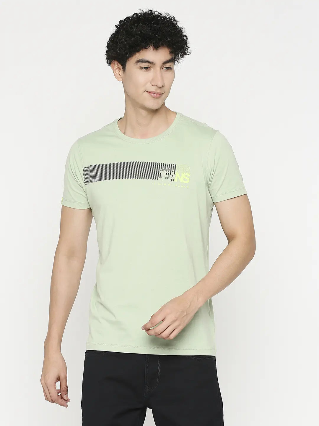 Men Premium Dusty Pista Cotton Half Sleeve Printed Tshirt- UnderJeans by Spykar