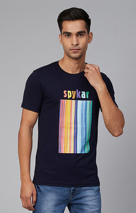 Navy Cotton Printed Round Neck T-Shirts- UnderJeans by Spykar
