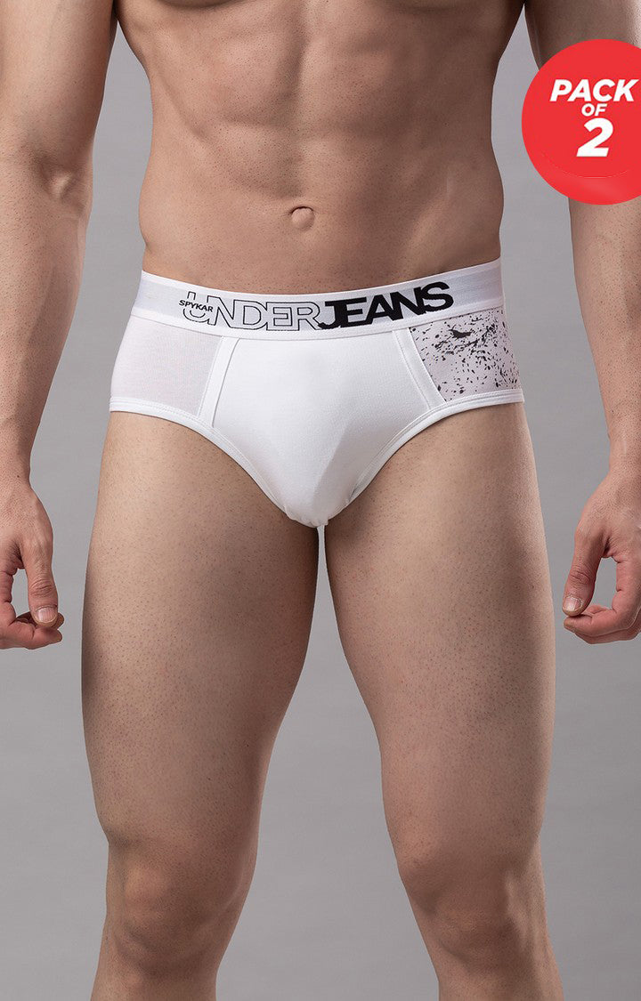 Men Premium Cotton Blend White Brief - (Pack of 2)- UnderJeans by Spykar