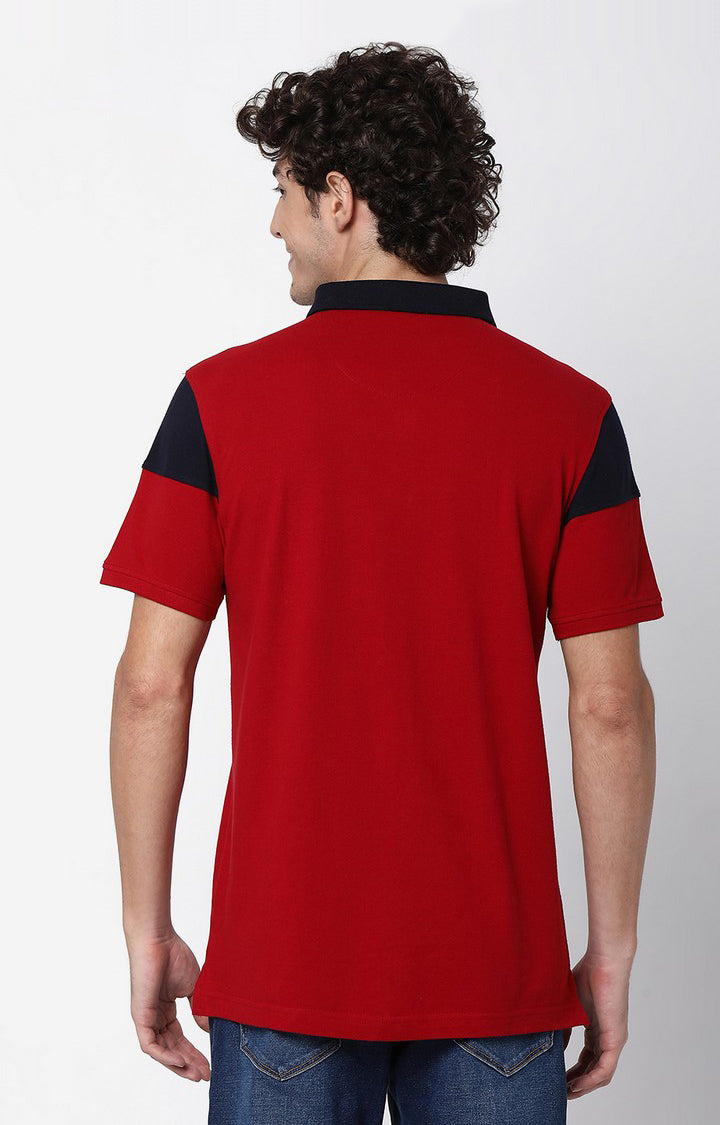 Men Premium Deep Red & Navy Cotton Regular Fit Polo T-shirt - UnderJeans by Spykar
