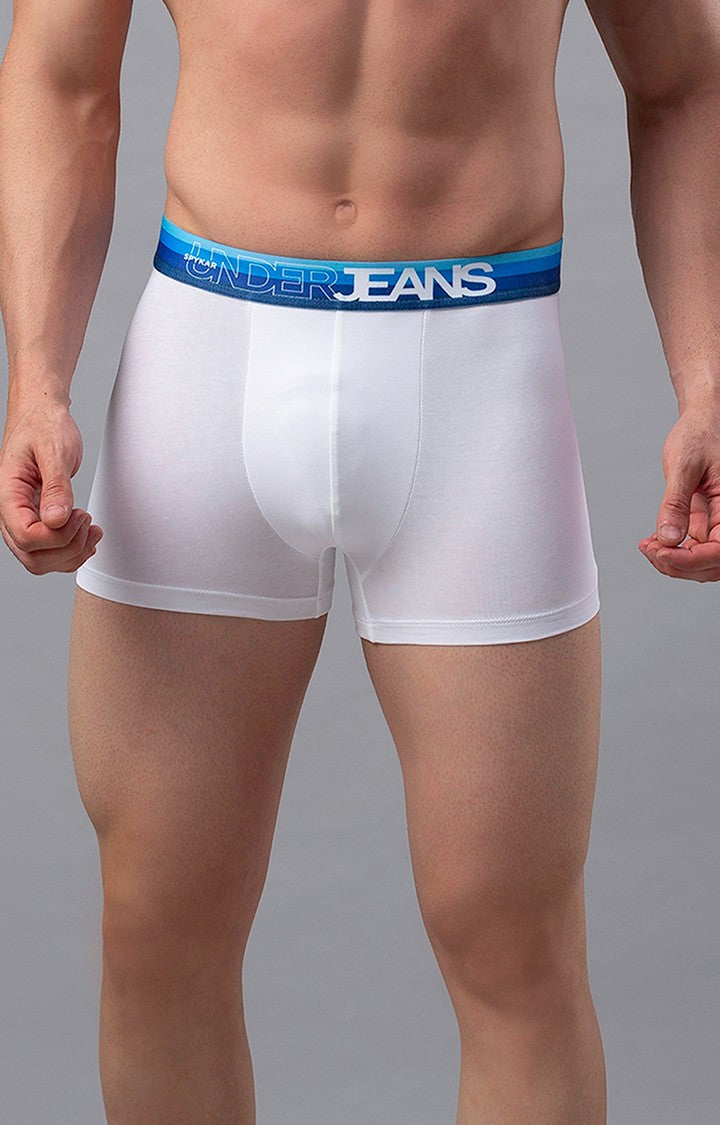 Men Premium White-Blue Cotton Blend Trunk- UnderJeans by Spykar