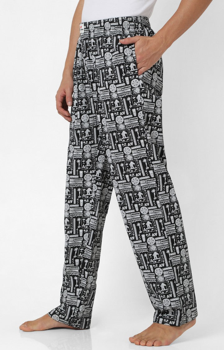 Men Premium Black & White Cotton Printed Pyjama - UnderJeans By Spykar
