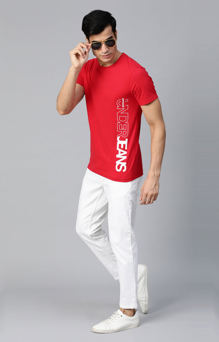 Men Premium Red Cotton Solid Round Neck T-Shirts- UnderJeans by Spykar