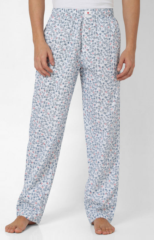 Men Premium White & Blue Cotton Printed Pyjama - UnderJeans By Spykar