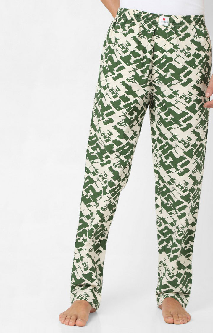 Men Premium Off White & Olive Cotton Printed Pyjama - UnderJeans By Spykar