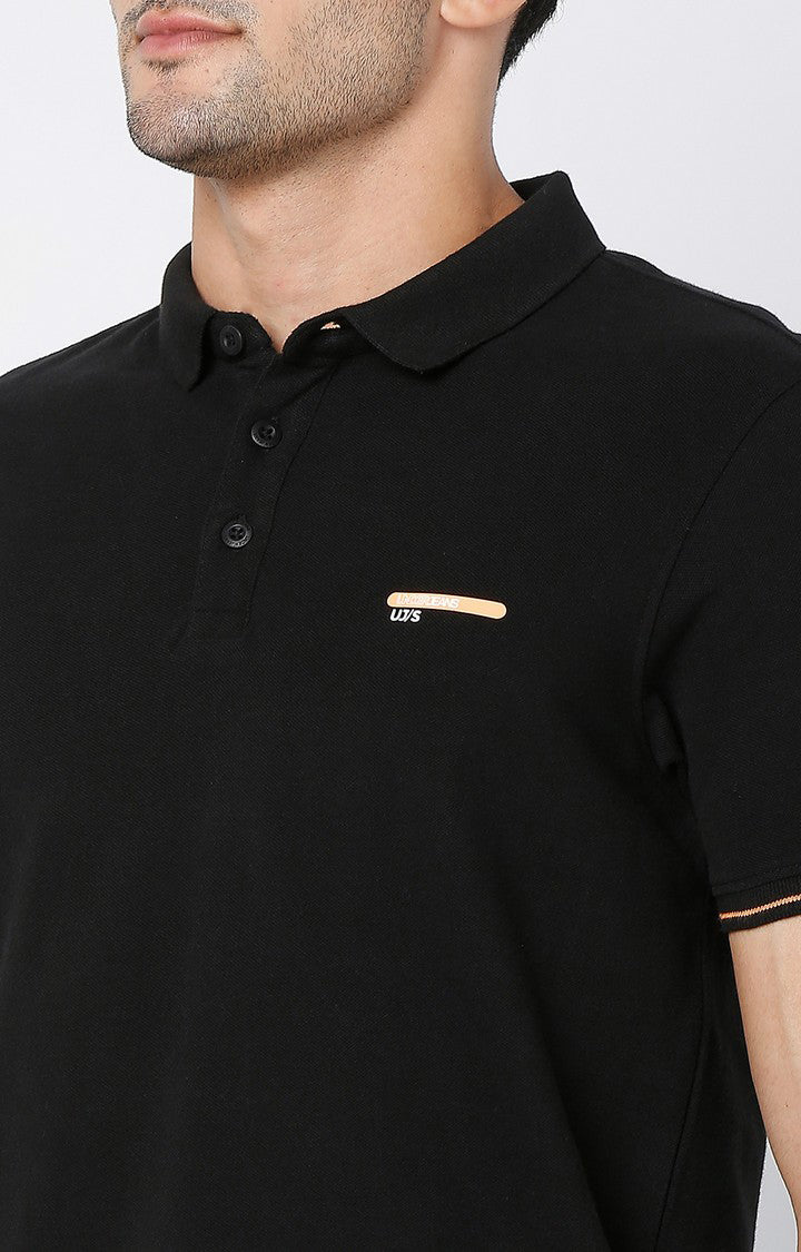 Men Premium Black Cotton Regular Fit Polo Tshirt - UnderJeans by Spykar