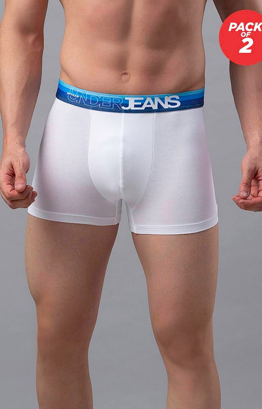 Men Premium Cotton Blend White-Blue Trunk (Pack of 2)- UnderJeans by Spykar