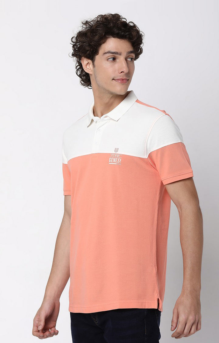 Men Premium Peach & Ecru Cotton Regular Fit Polo T-shirt - UnderJeans by Spykar