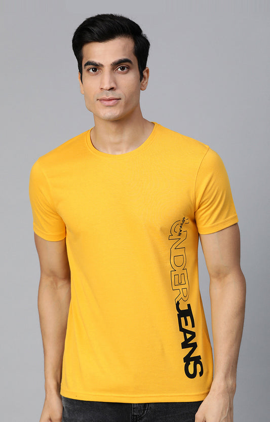 Mustard Cotton Solid Round Neck T-Shirts- UnderJeans by Spykar