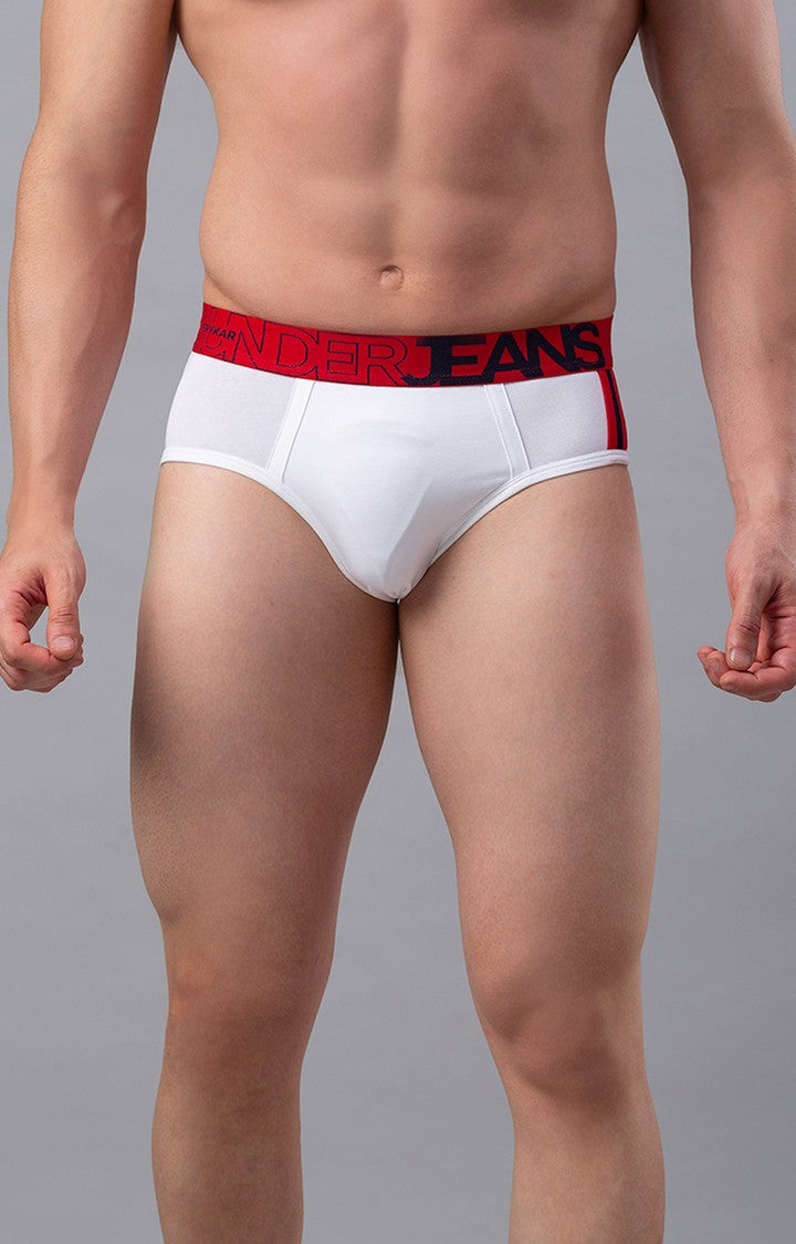 Men Premium Cotton Blend White-Red Brief - (Pack of 2)- UnderJeans by Spykar