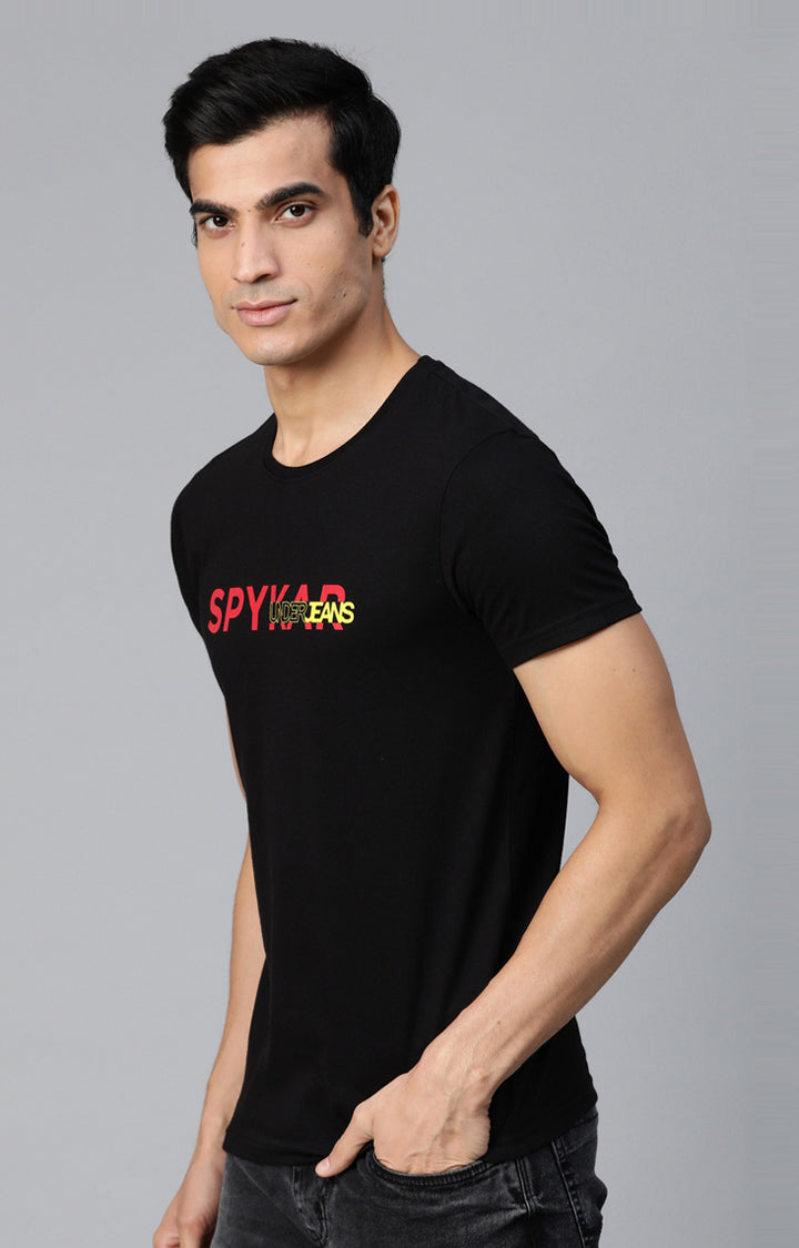 Black Cotton Solid Round Neck T-Shirts- UnderJeans by Spykar