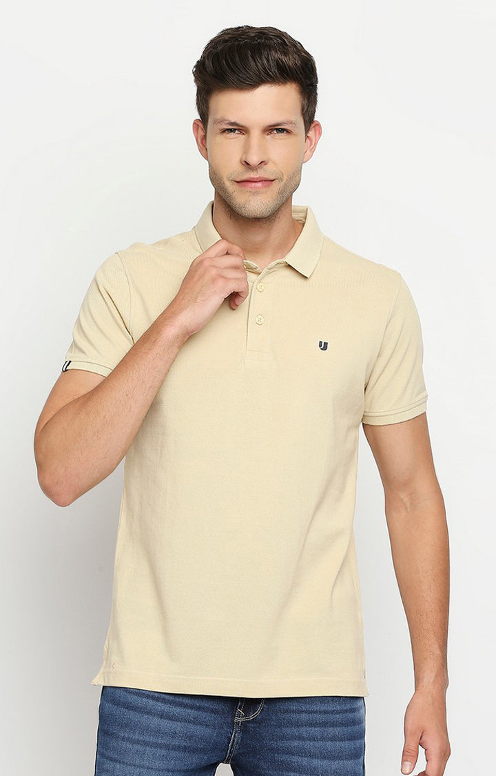 Men Premium Beige Cotton Regular Fit Polo T-Shirt- UnderJeans by Spykar