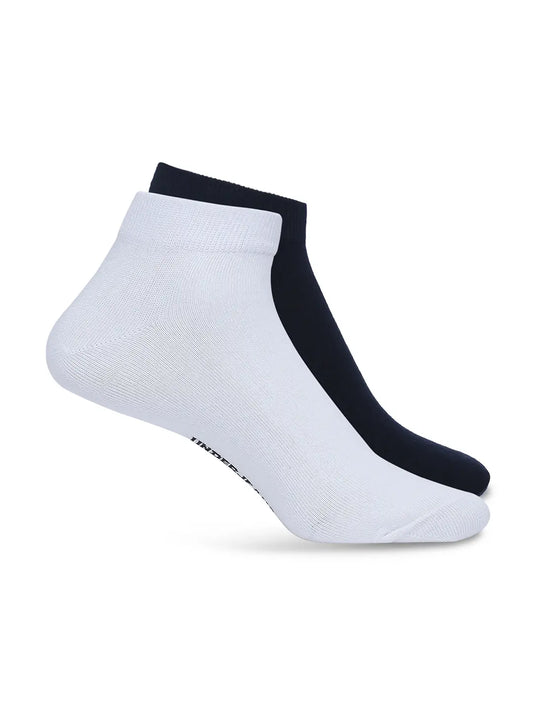 Men White & Navy Cotton Blend Sneaker Socks - Pack Of 2 - Underjeans by Spykar