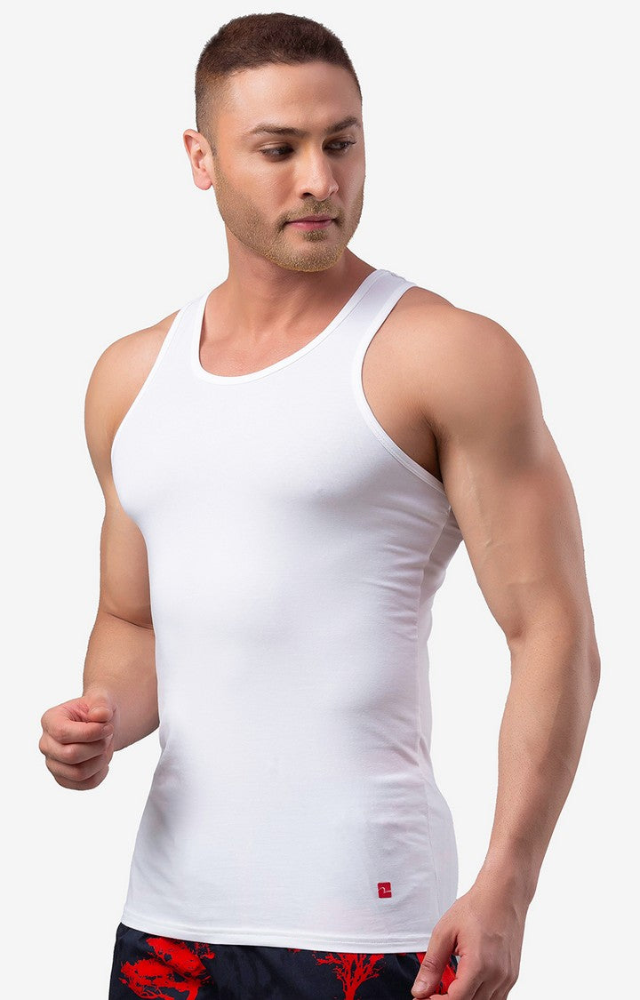 Men Premium White Round Neck Cotton Blend Vest- UnderJeans by Spykar