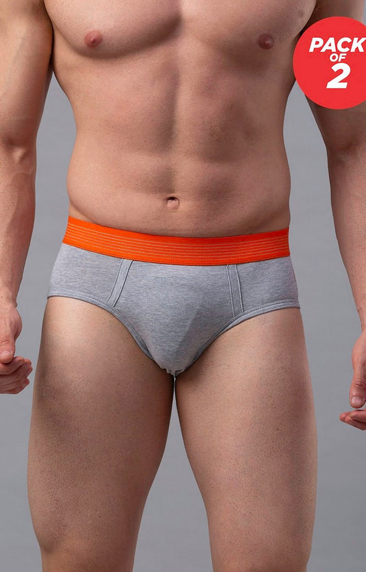 Men Premium Cotton Blend Grey-Orange Brief - (Pack of 2)- UnderJeans by Spykar