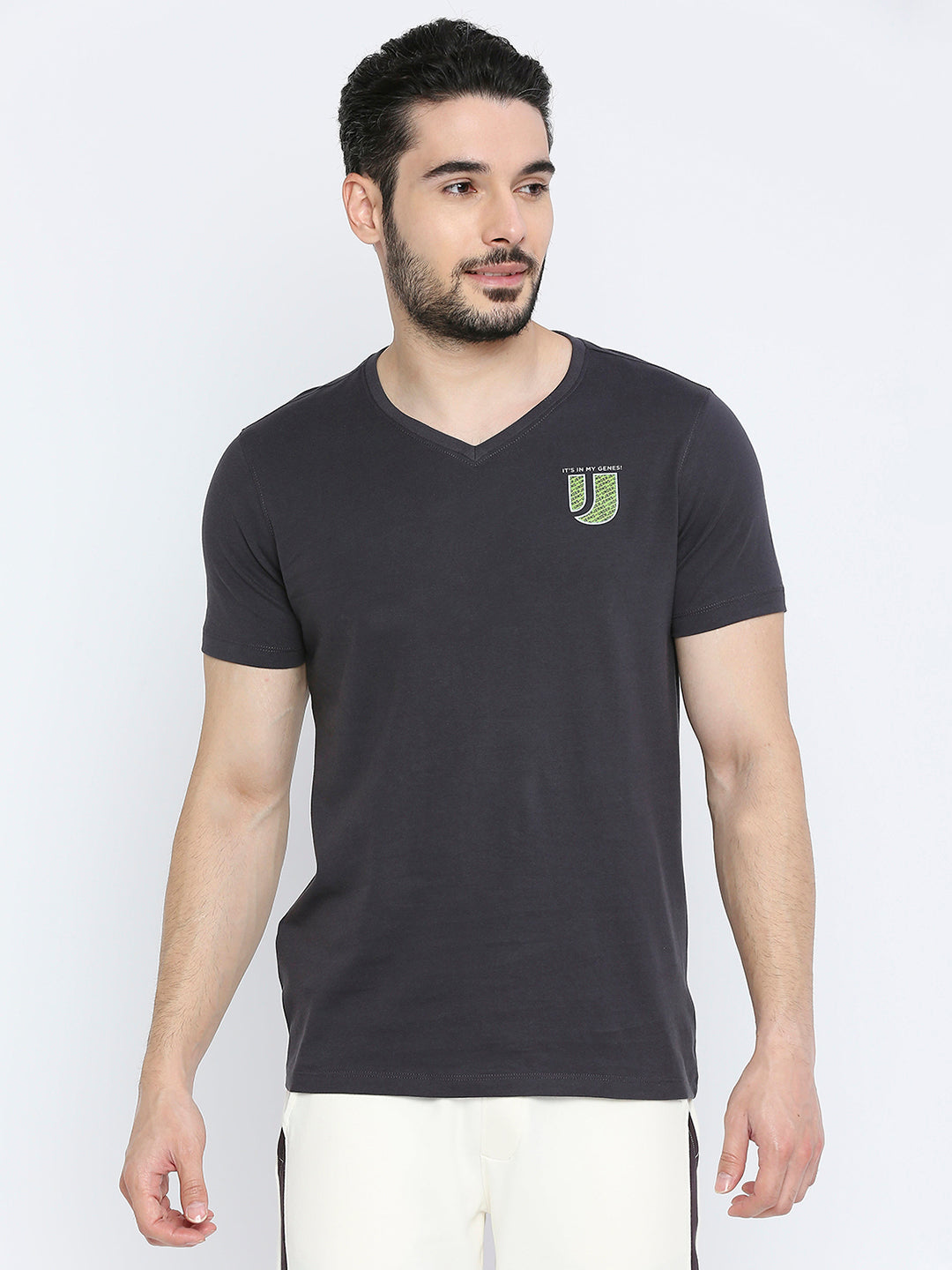 Men Premium Slate Grey Cotton V Neck T-shirt- UnderJeans by Spykar