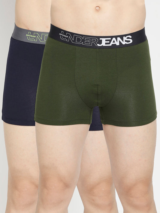 Men Premium Navy Blue & Olive Cotton Blend Trunk - Pack Of 2- UnderJeans by Spykar