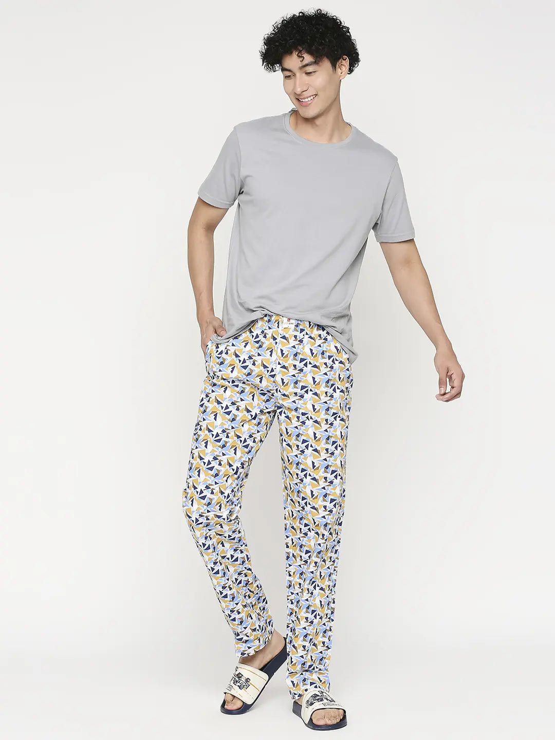 Men Premium Yellow Grey Cotton Regular Fit Pyjama UnderJeans by Spykar