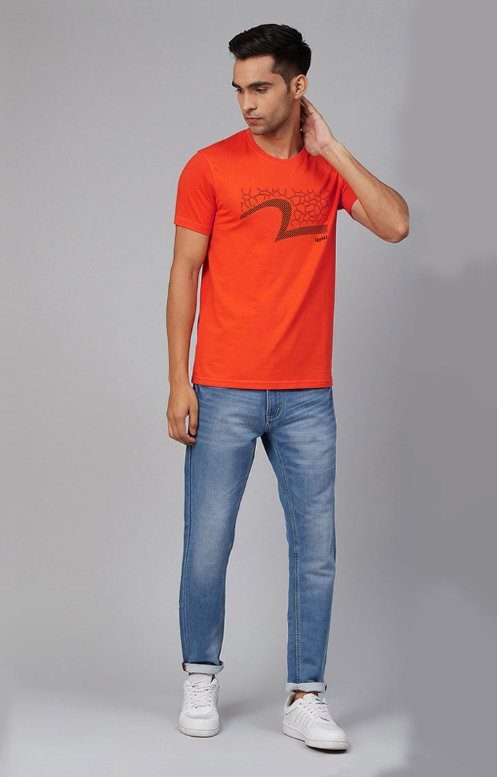Orange Cotton Printed Round Neck T-Shirts- UnderJeans by Spykar