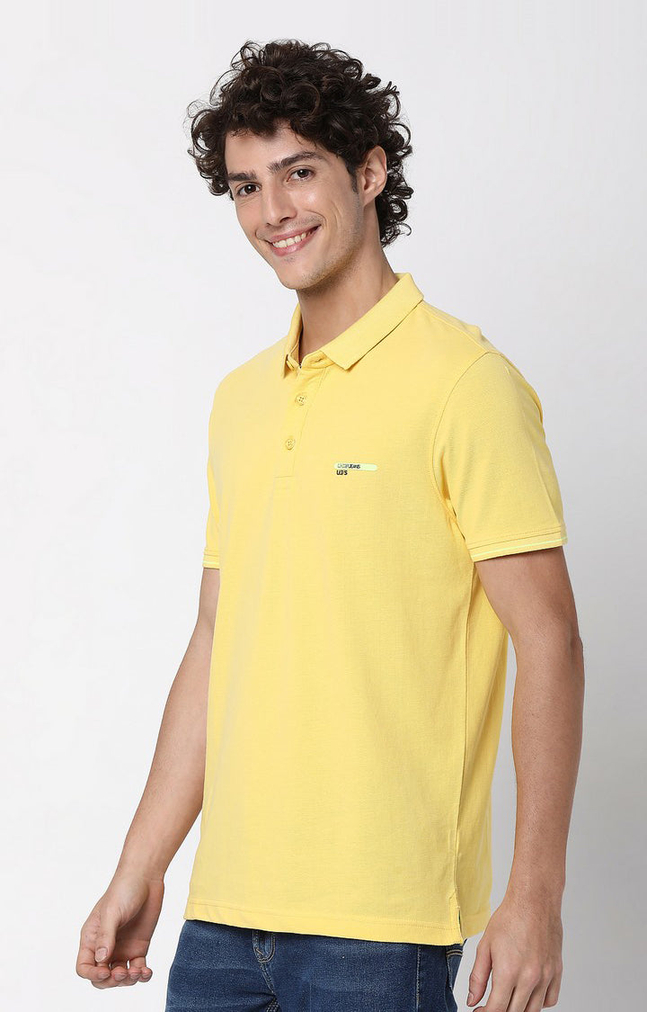 Men Premium Butter Yellow Cotton Regular Fit Polo T-shirt - UnderJeans by Spykar